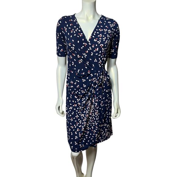 Motherhood Maternity Navy Leaf Print Wrap Dress Knee Length Belted Size Small - Picture 1 of 6